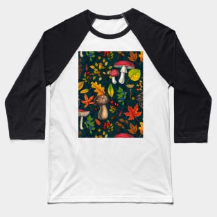 Autumn mushrooms, leaves, nuts and berries on dark blue Baseball T-Shirt